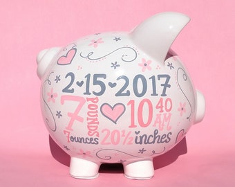 Hand Painted Large Birth Stats Piggy Bank - Pink & Gray Elegant Hearts - Classic Porcelain Coin Bank - Gifts for Girls - Baby room nursery