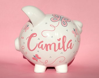 Hand Painted || Large Personalized Butterflies Piggy Bank || Grey || Medium Pink || Baby Pink || Classic Piggy Bank || 8.5 x 7 x 6.5 inches