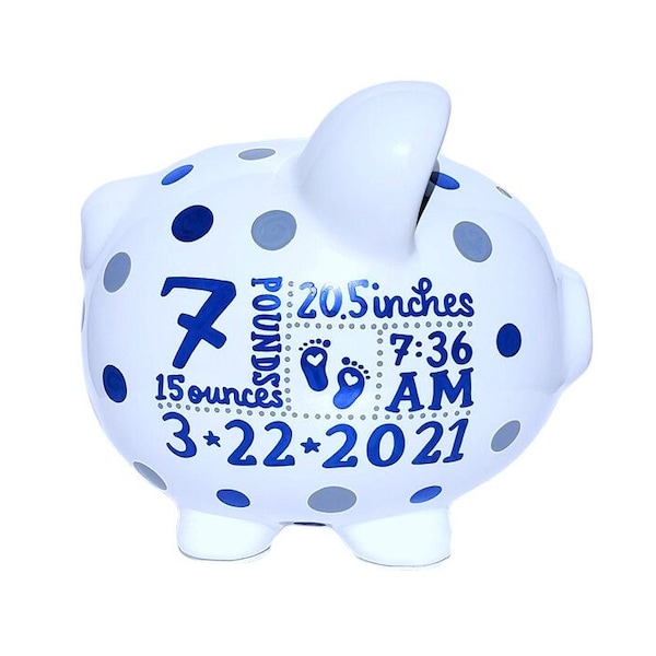 Hand painted || Large Personalized Birth Stats Piggy Bank || Royal Blue || Gray || Custom Piggy Bank || 8.5 x 7 x 6.5 inches