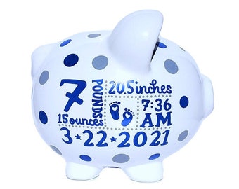 Hand painted || Large Personalized Birth Stats Piggy Bank || Royal Blue || Gray || Custom Piggy Bank || 8.5 x 7 x 6.5 inches