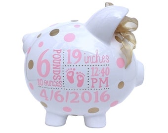 Birth announcement piggy bank for girl - personalized hand painted ceramic baby shower gift for pink nursery room with polka dot birth stats