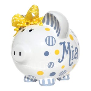 Hand painted custom piggy bank Large Personalized Dots and Stripes Yellow & Gray Gender Neutral Gifts for Girls baby shower 8.5x7x6.5 inches