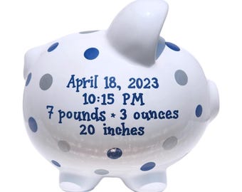 Personalized piggy bank for boys handpainted gift for baby shower toddler preschooler custom hand-painted polka dot piggybank room decor
