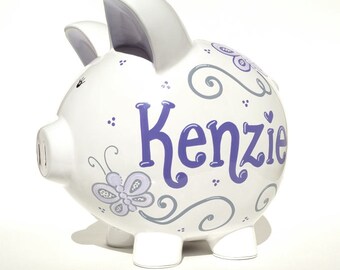 Hand painted & Personalized | Butterflies Piggy Bank | Violet | Lilac | Gray | 8"x7.5"x7" | Girl Banks | Gifts for Girls
