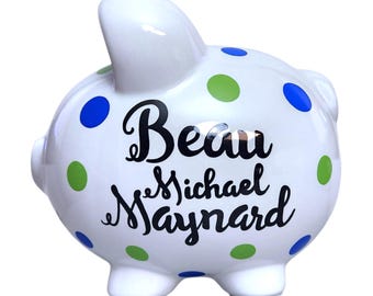 Hand-painted polka dot piggy bank room for boy personalized decor gift for baby shower toddler custom hand painted coin bank ceramic large