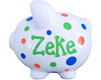 Hand painted polka dot piggy bank for boy personalized coin bank handpainted ceramic gift for baby shower or kids room decor large piggy