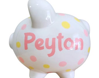 Pink & soft yellow hand painted personalized ceramic piggy bank for girl baby shower gift for nursery room with polka dots classic piggybank