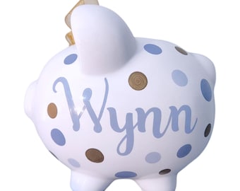 Personalized piggy bank girl baby shower child kid large hand painted polka dot coin bank handpainted ceramic decor gift gold gray piggybank