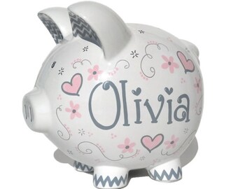 Baby Pink & Gray Hand Painted || Large Personalized Elegant Hearts Piggy Bank || Classic Piggy Bank || 8.5 x 7 x 6.5 Inches || Custom