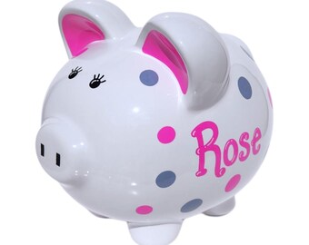 Personalized piggy bank girl birthday gift for child baby shower kid room decor large hand-painted polka dot bank ceramic pig hot pink gray