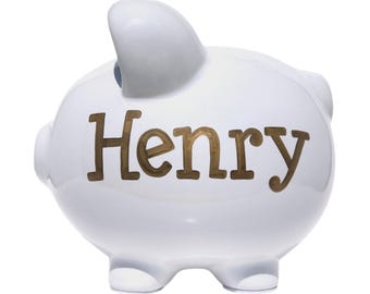 Gold name hand painted piggy bank personalized gift for boy handpainted keepsake