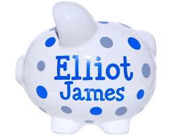 Blue & Gray piggy bank for boy personalized hand painted polka dot ceramic coin bank for child birthday or baby nursery first birthday gift