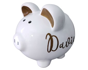 Gold name hand painted piggy bank personalized large white bank gift for boy girl baby shower nursery room decor handpainted keepsake