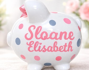 Hand painted polka dot piggy bank for girl personalized handpainted gift for little one ceramic piggybank birthday party gift