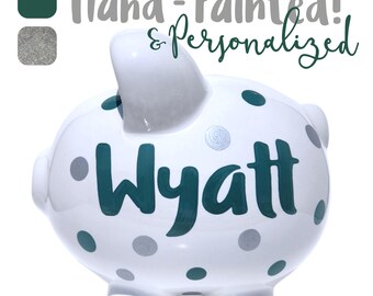 Hand painted polka dot piggy bank for boy personalized coin bank handpainted ceramic gift for baby shower decor hunter green large piggy