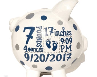 Personalized piggy banks for boys, baby, child, shower, toddler, kids, hand painted birth announcement large piggie, cusom birth stats gift