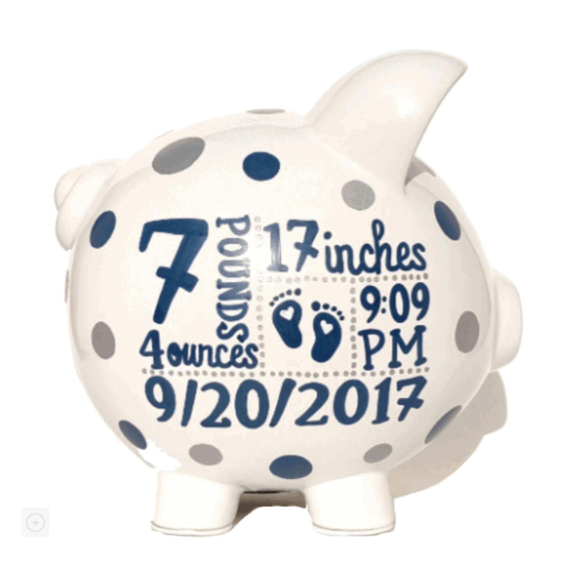 Hand painted || Large Personalized Birth Stats Piggy Bank || Navy Blu…