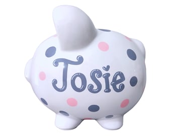 Pink and gray hand painted personalized ceramic piggy bank for girl baby shower gift for nursery room with polka dots classic piggybank