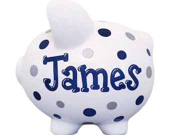 Personalized piggy bank for boy kid large ceramic polka dot gift for baby shower newborn nursery handpainted porcelain birthday coin bank