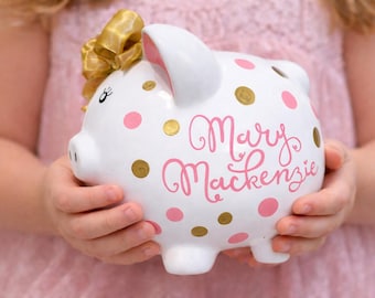 Medium Pink & gold hand painted polka dot piggy bank for girl personalized handpainted gift