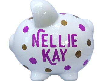 Magenta & gold hand painted polka dot piggy bank for girl personalized handpainted gift