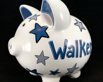 Personalized star piggy bank for boys, new baby, kids, toddler, custom handpainted shower gift, porcelain, room decor, first, blue, gray