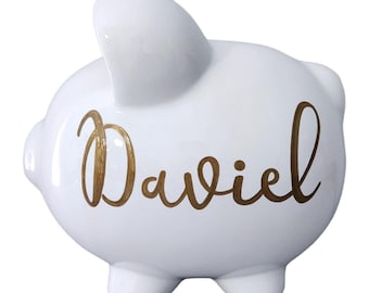 Gold name hand painted piggy bank personalized large white bank gift for boy girl baby shower nursery room decor handpainted keepsake