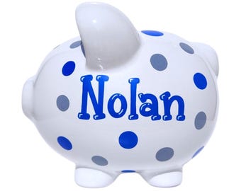Handpainted piggy bank personalized with name gift for baby shower boy child toddler preschooler hand-painted polka dot kid room decor