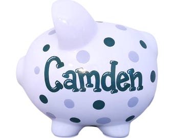 Hand-painted polka dot piggybank room decor handpainted personalized piggy bank for boys gift for baby shower toddler preschooler custom