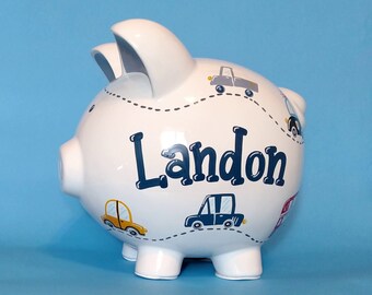 Personalized Cars & Trucks Piggy bank for boys - Hand painted Large size - Transportation gift with name keepsake for kids room or nursery