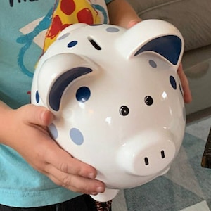 Handpainted personalized piggy bank for boys gift for baby shower, toddler, preschooler, custom hand-painted polka dot piggybank room decor