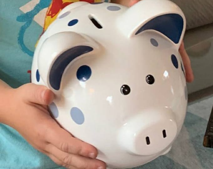 Handpainted personalized piggy bank for boys gift for baby shower, toddler, preschooler, custom hand-painted polka dot piggybank room decor