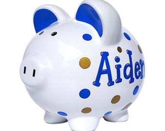 Blue & Gold handpainted polka dot piggy bank for boy personalized gift for child