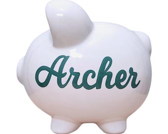 Hunter green name hand painted piggy bank personalized gift for boy handpainted keepsake