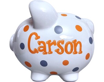 Personalized Hand-Painted Polka Dot Piggy Bank – Keepsake Gift for Child - Orange & Gray Little Boy Useful Room Decor Birthday Gift