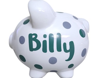 Hand painted hunter & gray polka dot piggy bank for boy personalized handpainted for baby or child birthday or shower coin pig keepsake gift
