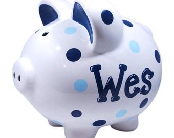 Hand-painted polka dot piggybank room decor handpainted personalized piggy bank for boys gift for baby shower toddler preschooler custom