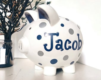 Personalized piggy bank for boy hand painted large ceramic polka dot gift for baby shower newborn nursery handpainted porcelain coin bank