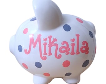 Personalized Hand-Painted Polka Dot Piggy Bank for Girl Keepsake Gift Baby shower little girl flower girl child toddler pink kid room decor
