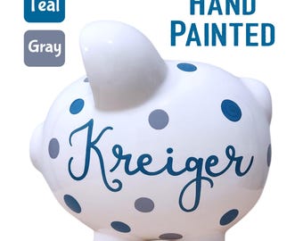 Hand-painted polka dot piggy bank room for boy personalized decor gift for baby shower toddler custom Hand painted coin bank ceramic large