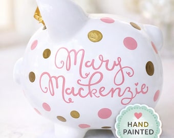 Medium Pink & gold hand painted polka dot piggy bank for girl personalized handpainted for child birthday or flower girl gift keepsake