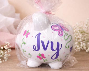 Handpainted butterfly piggy bank for girl personalized coin bank personalized ceramic gift for baby shower decor pink and purple large piggy