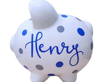 Hand-painted polka dot piggy bank for boy personalized room decor gift for baby shower toddler handpainted large ceramic coin bank blue gray