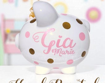 Gold & pink hand painted personalized ceramic piggy bank for girl baby shower gift for nursery room with polka dot