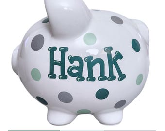 Hand painted polka dot piggy bank for boy personalized coin bank handpainted ceramic gift for baby shower decor hunter green large piggy