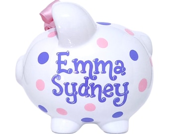 Hand painted polka dot piggy bank for girl personalized coin bank handpainted ceramic gift for baby shower decor large piggy