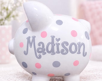 Hand painted polka dot piggy bank for girl personalized handpainted gift for little one ceramic piggybank birthday party gift