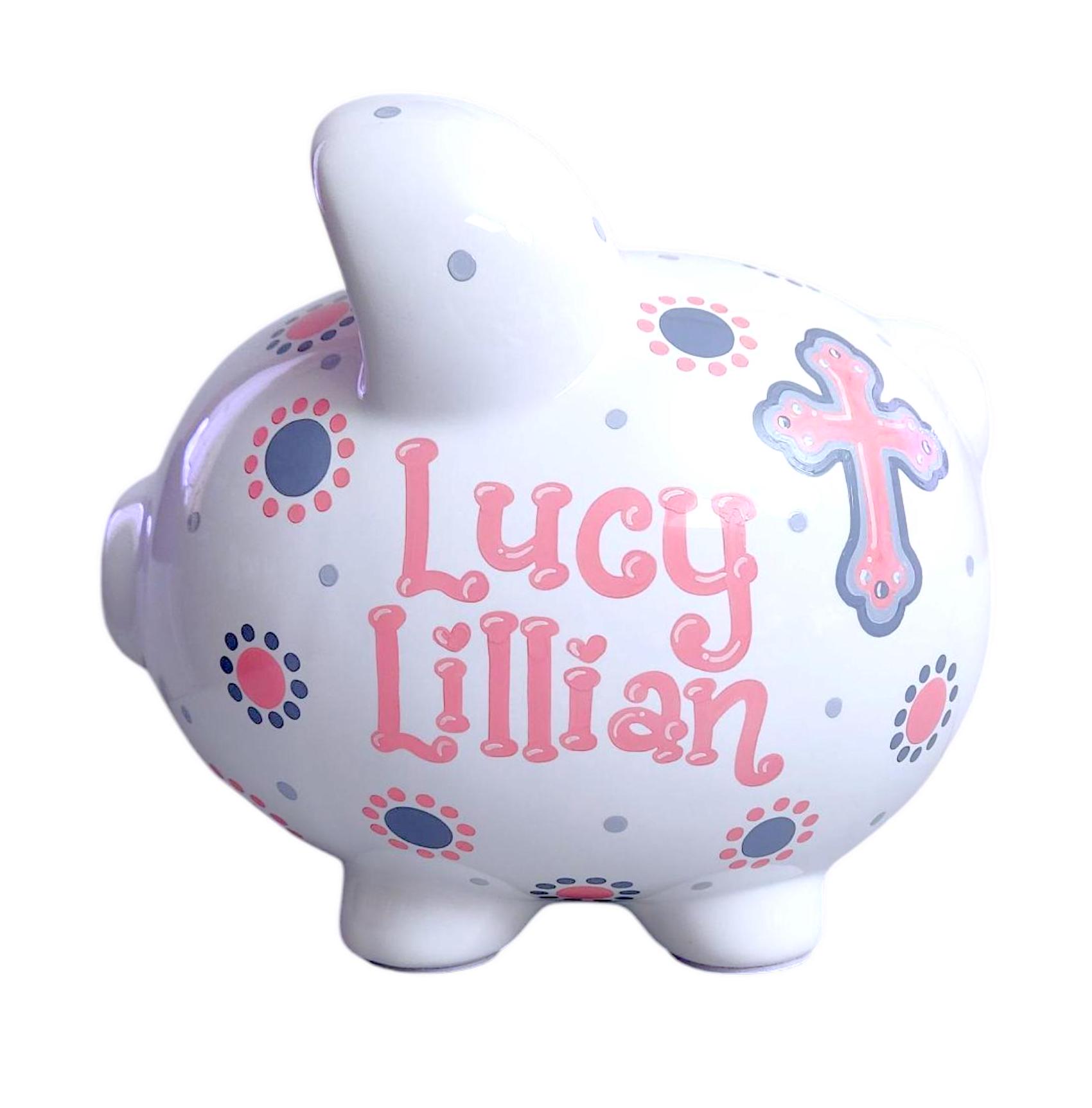 Handpainted baptism piggy bank for girl baby personalized cross and christening large ceramic pig pink gray spiritual religion nursery decor