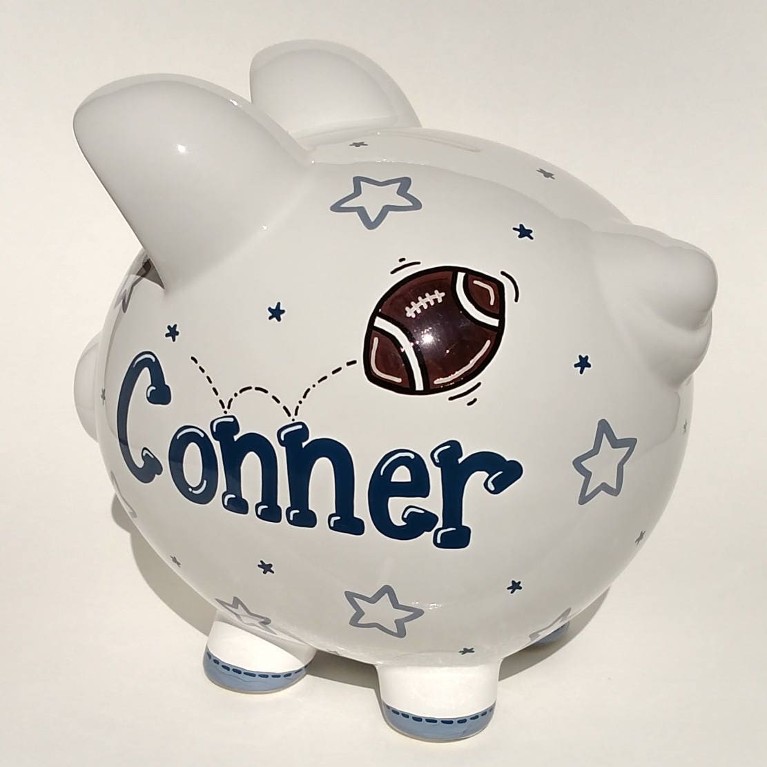 Large Personalized Football Piggy Bank - Customizable Handpainted Gift For Boys Navy Gray 8 in Kids Birthday Party Idea Sports Room