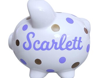 Lavender & gold hand painted polka dot piggy bank for girl personalized handpainted gift